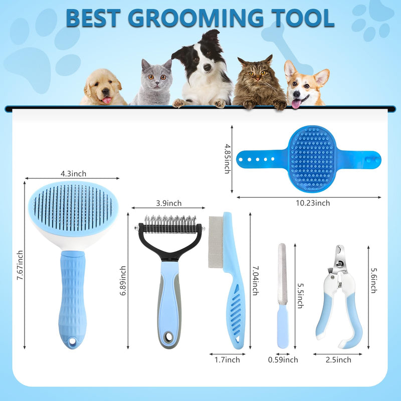 Dog Brush Dog Grooming Kit 6PCS Dog Brush for Shedding-Dog Brushes for Grooming, Dematting Comb for Dogs, Cat & Dog Nail Clipper with Nail File, Flea Comb, Dog Bath Brush-Blue - BeesActive Australia
