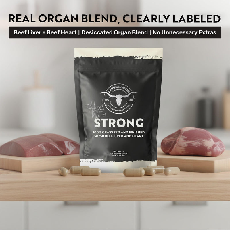 Strong Grass-Fed Beef Organ Supplement for Women & Men, 180 Capsules | Grass-fed beef organs for women and men; beef organ supplement with liver, heart, CoQ10, iron and B12; made in USA