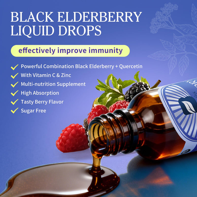 2 Pack Elderberry Syrup Black Elderberry Drops with Quercetin, Panax Ginseng, Vitamin C and Zinc, Sambucus Liquid, Vegan, Non-GMO & Gluten Free 2 Fl Oz (Pack of 2)