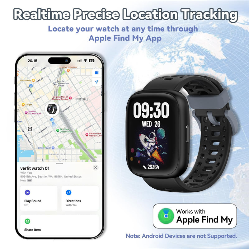 Fitness Tracker for Kids No APP No Phone Needed, Compatible with Apple Find My, 1.83" Smart Watch, Heart Rate, Sleep Monitor, IP68 Waterproof, Step Counter, Gifts for Girls Boys Teens 5-16 Black - BeesActive Australia