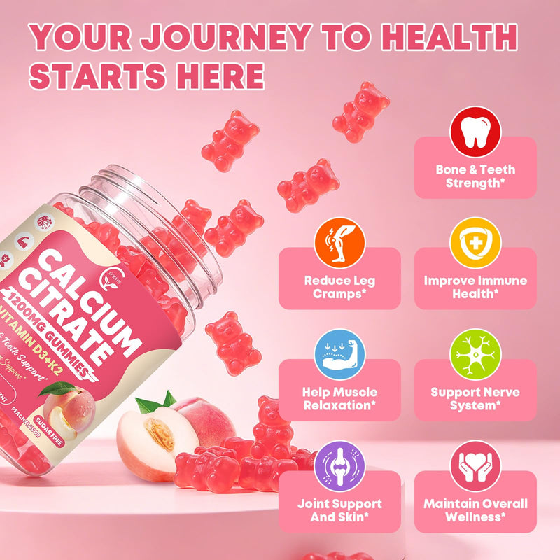 Calcium Citrate Gummies 1200 mg with Vitamin D3, K2 for Women & Men | High Absorption Calcium Supplements or Bone, Muscle & Immune Support, Sugar Free, Vegan, Peach Flavor, 60 Chews, 2 Pack