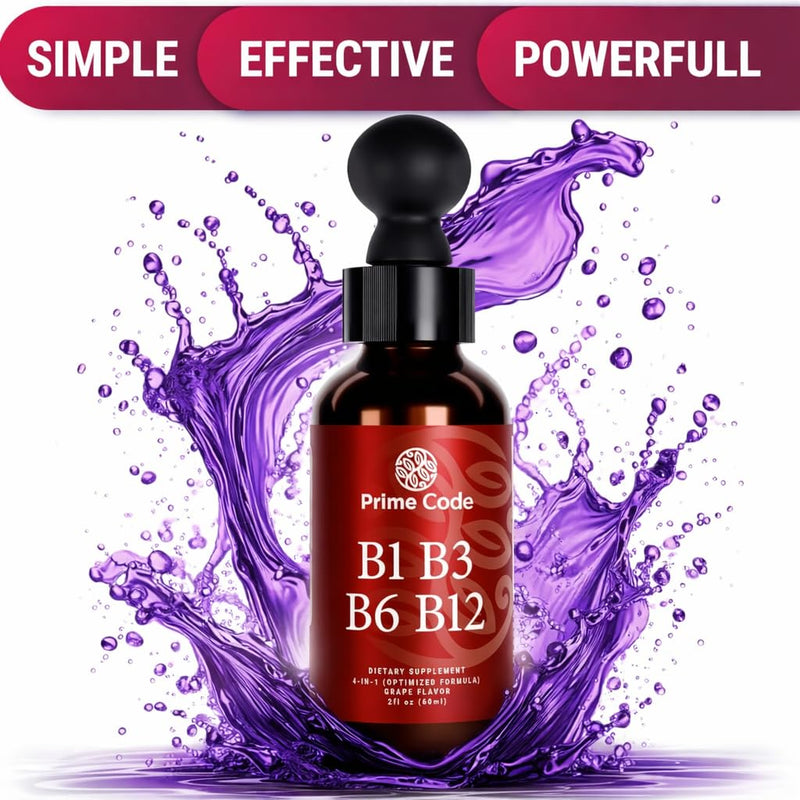 Prime Code Liquid Vitamin B1 Drops with Vitamin B3 B6 & B12 | B Complex Liquid Supplement | Thiamine Supplement for Adults | High Absorption | Immune Support | Non-GMO | Gluten-Free