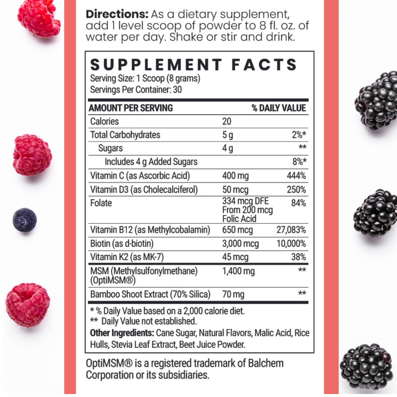 Qhemet Biologics MSM + Biotin Hair Nutrient Drink Mix - Vitamins Powder to Support Lush Volume - Bamboo Silica & Vitamins D3 + B12 for Hair Health - Jumpstart Your Hair Growth Journey (8.5 oz)