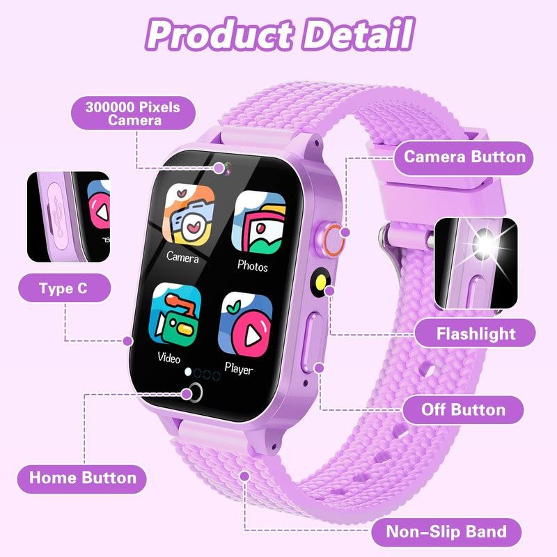Smart Watch for Kids Girl Gift Ages 3-12, 2 Screen Protector, 26 Puzzle Games, HD Camera Video Music Player Touchscreen Pedometer, Educationtal Toy Brithday Gifts for Girl Ages 4 5 6 7 8 9 10(Purple) Purple - BeesActive Australia
