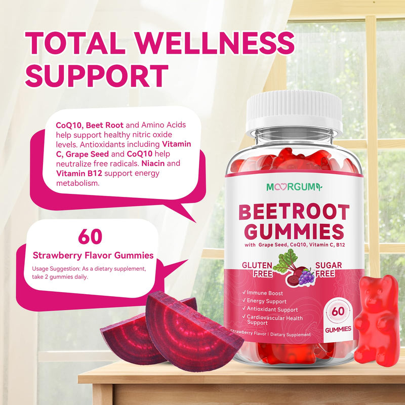 Beetroot Gummies with Grape Seed, Niacin, CoQ10, Vitamin C, B12, L-Citrulline & L-Arginine, Antioxidant Support, Sugar-Free Beet Root Supplement for Women & Men, 120 Count 30 Count (Pack of 2)