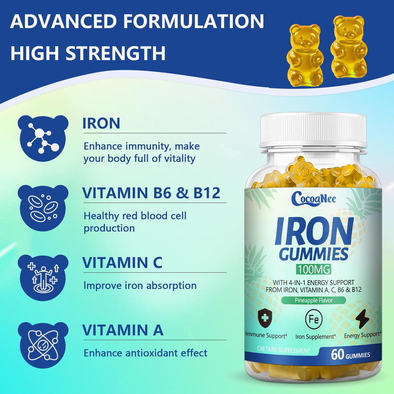 2 Pack 100MG Iron Supplements, Iron Gummies for Women & Men - Vitamin C, A, B12 - Complex, Improve Absorption, Energy Boost, Iron Deficiency for Adults & Kids - Complex Folate, Zinc, 120Cts 60 Count (Pack of 2)