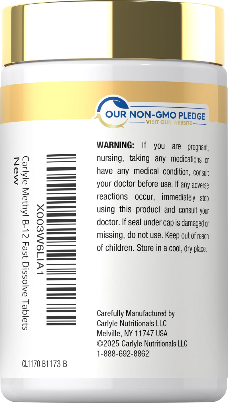 Carlyle Methylcobalamin Vitamin B12 5000mcg | 60 Fast Dissolve Tablets | For Adults | Vegan, Non-GMO & Gluten Free Supplement