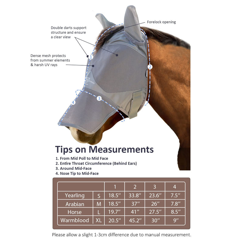 Harrison Howard Horse Fly Mask Long Nose with Ears Original Grey Horse Large Horse (Large) - BeesActive Australia