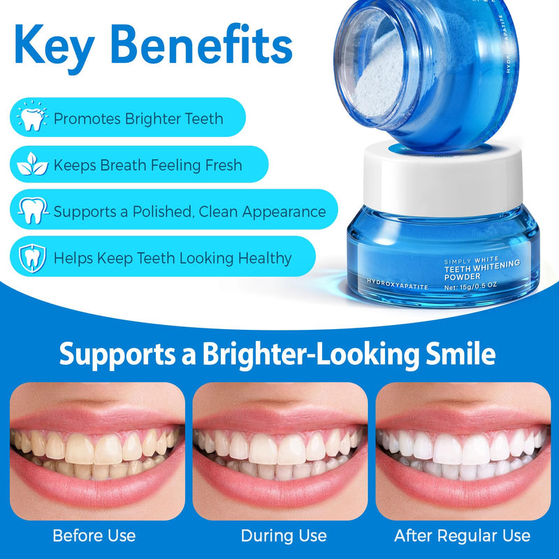Enamel-Safe Teeth Whitening Powder - Hydroxyapatite - Gentle on Teeth - No Sensitivity Formula - Removes Stains - Long-Lasting Freshness - Breath Freshening Whitening Powder- 15g Blue 15