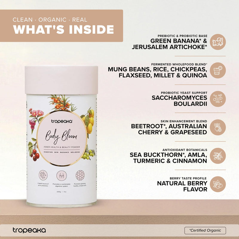 Tropeaka Body Bloom - Superfood Beauty Supplement, Supports Collagen Production for Glowing Skin, Hair & Nails, Prebiotic & Probiotics, Vegan, Dairy Free, Gluten Free, Non-GMO, 18oz (28 Servings)