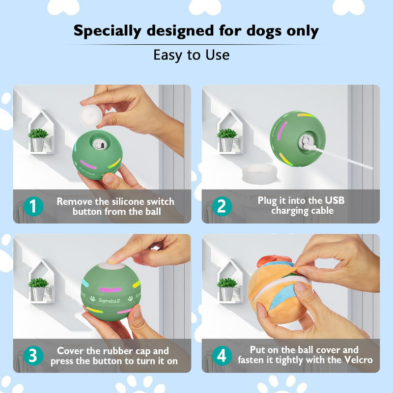 Dog Balls,The 3rd Generation Interactive Toys for Puppy/Small/Medium/Large Dogs,Improved Dog Rolling Effect Tennis Ball with Strap, Tough Motion Activated Automatic Moving Dog Toys (Green) Green