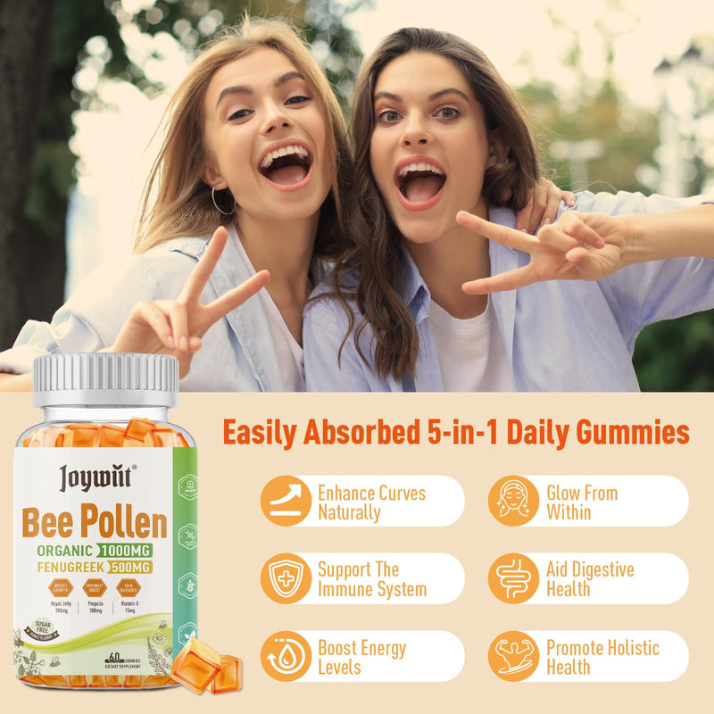 Bee Pollen 1000mg Sugar Free Gummies, w/Fenugreek, Royal Jelly, Propolis, Organic Bee Pollen Chewable Supplement for Women, Rich in Vitamin E, Immunity & Skin Care, 60 Counts 60 Count (Pack of 1) - BeesActive Australia