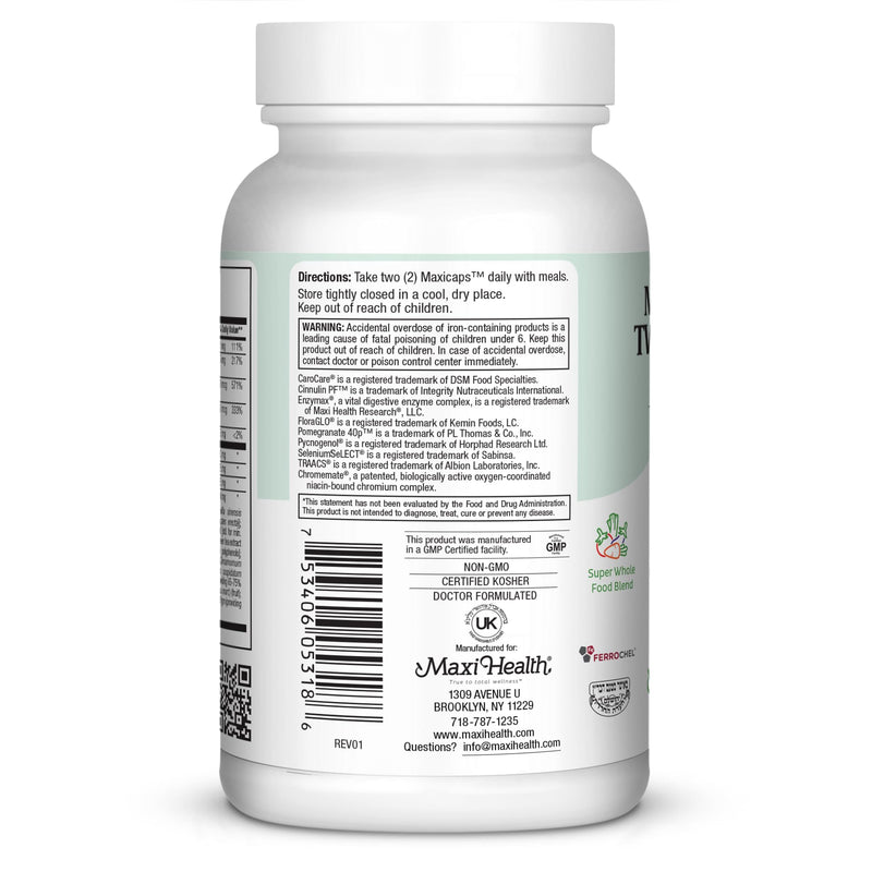 Maxi Health Two Complete - Multivitamins and Minerals - Full Potency - 180 Capsules - Kosher 180 Count (Pack of 1)