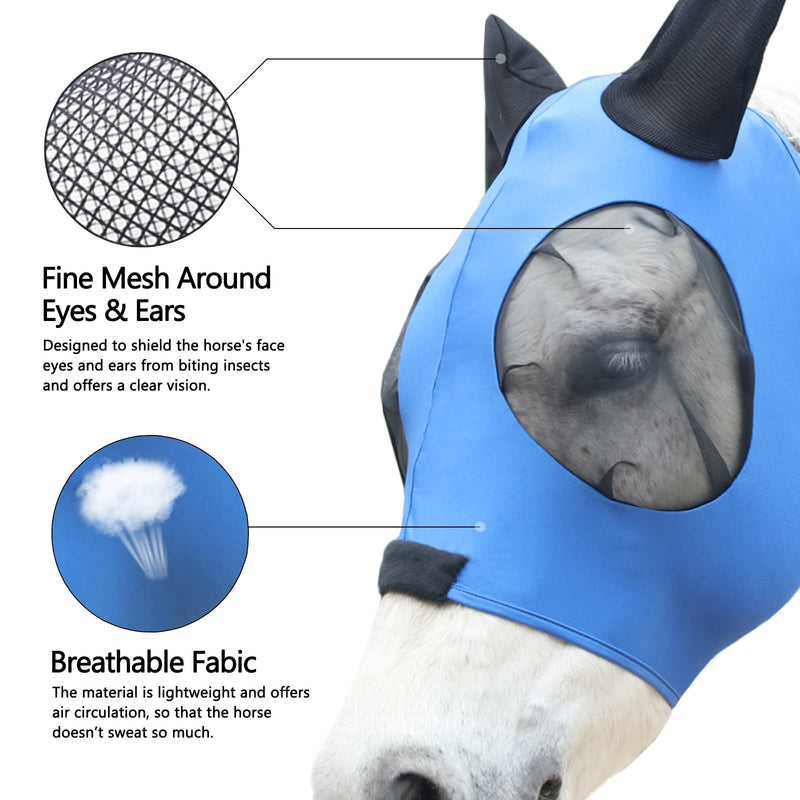 Horse Fly Mask, Fly Masks for Horses with Ears, Super Comfort & Stretchy Fitting Lycra Equine Fly Mask Blue Full Blue(B) - BeesActive Australia