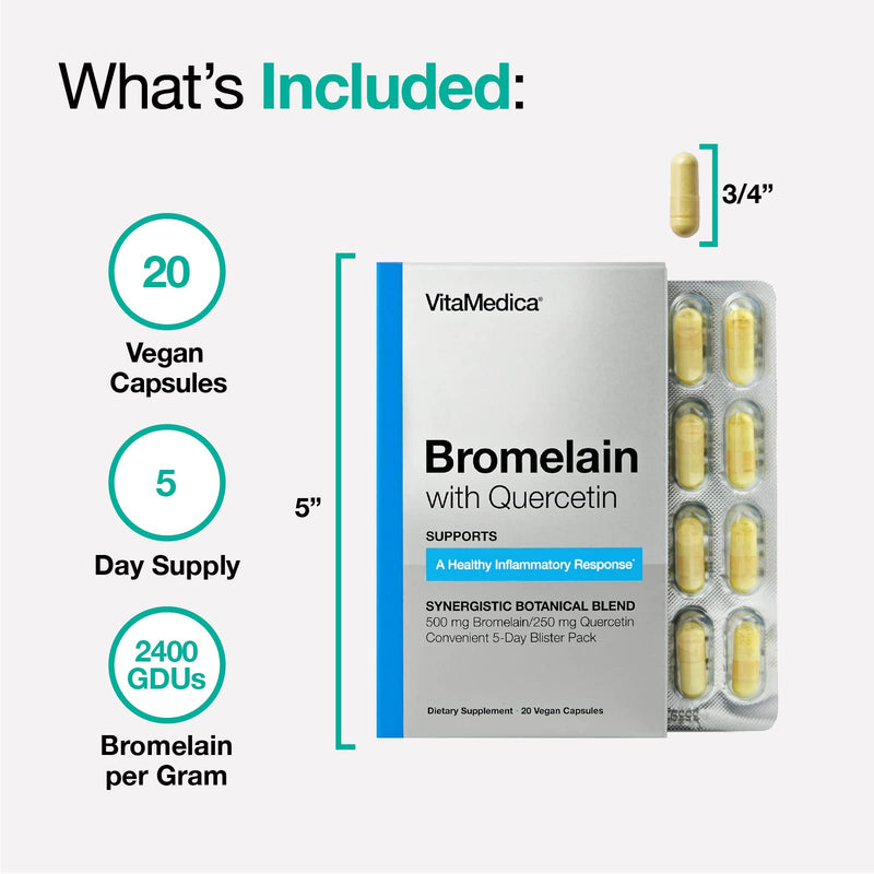 VitaMedica Bromelain with Quercetin Supplement | 2400 GDU/Gram Vegan Capsules for Healthy Tissues, Joint and Muscle Support | Plant Based Natural Formula | 20 Ct | 5 Day Supply - BeesActive Australia
