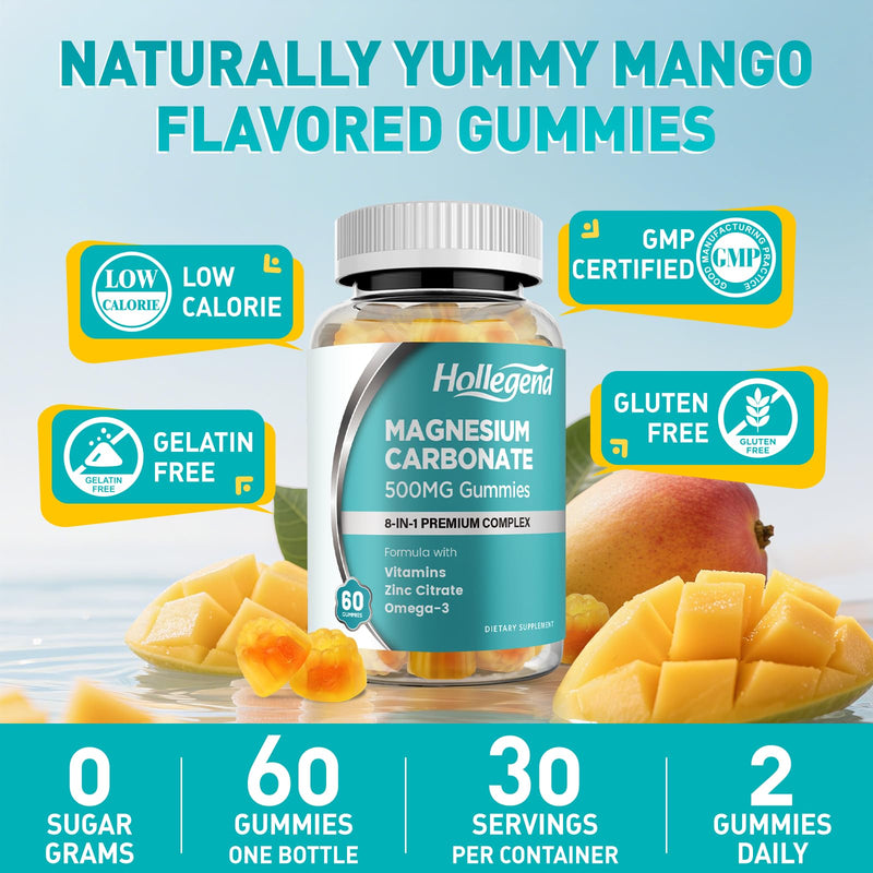 Magnesium Carbonate Gummies, Magnesium Carbonate Complex 500mg Supplement with D3 & K2 for Women & Men, with Zinc, Vitamin C, B6 & B12, Muscle & Digestive Support, Mango Flavor, Sugar Free, 60 Ct