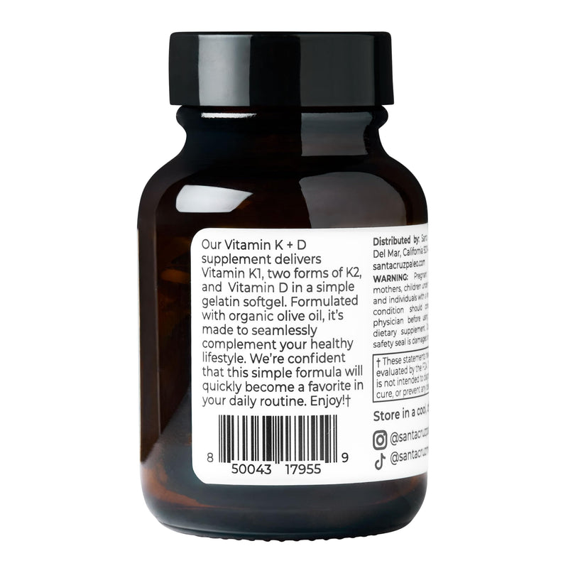 Santa Cruz Paleo Vitamin K2 + D3 Softgels, Daily Supplement with Organic Olive Oil, Includes Vitamin K1 & Two Forms of K2, Supports Heart & Bone Health, Gluten Free, Sugar Free, Paleo, Keto, 60 Count Vitamin K2 + D3 60ct