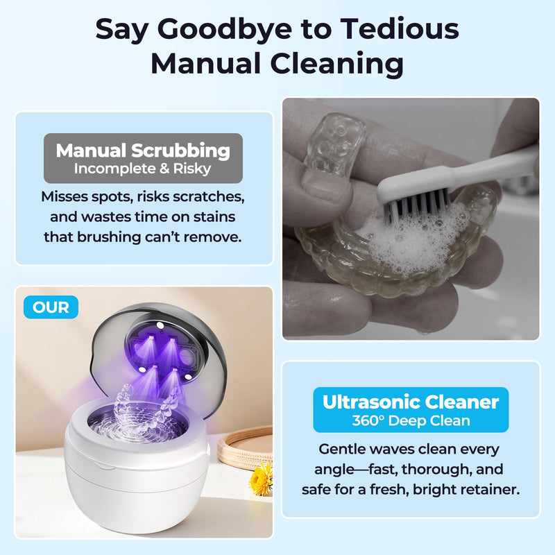 Ultrasonic Retainer Cleaner Machine, Denture Cleaner for Mouth Guard, Night Guard, Aligner, Dentures, Jewelry, Toothbrush Heads, 45kHz 250ML UV Ultrasonic Denture Ultra Sonic Cleaning for Retainers Off White
