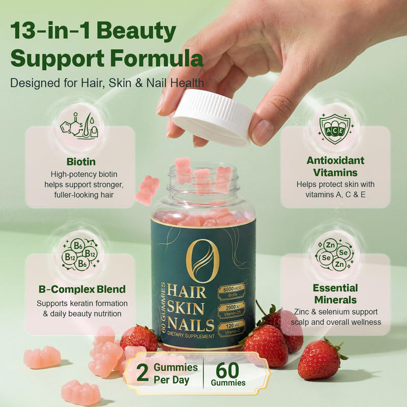 Hair Skin and Nails Gummies with 6000mcg Biotin for Women & Men, 60 Count | Vegan, Beauty Supplement for Healthy Hair, Glowing Skin & Stronger Nails, Daily Vitamins