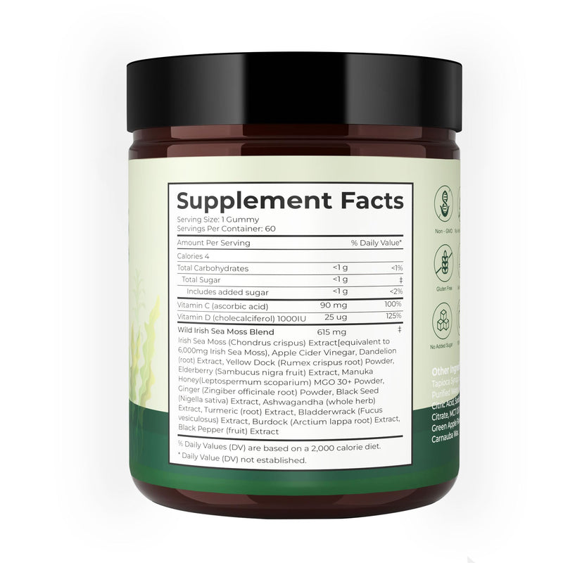 Sea Moss Gummies 16-1, Black Seed Oil Ashwagandha Turmeric Bladder Wrack Vitamin C Vitamin D3 Elderberry Manuka Dandelion Yellow Dock Apple Cider Vinegar for Men & Women Pack of 1