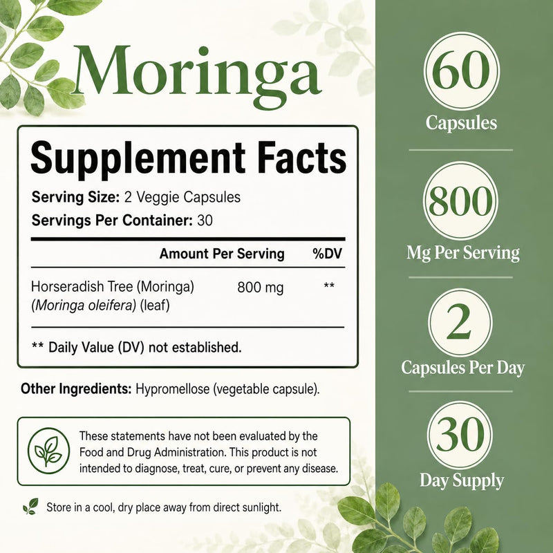 Moringa Capsules with Iron, Magnesium, B12 & C, 60 Count | Moringa blend, iron, magnesium, vitamins B12 & C, 60 capsules