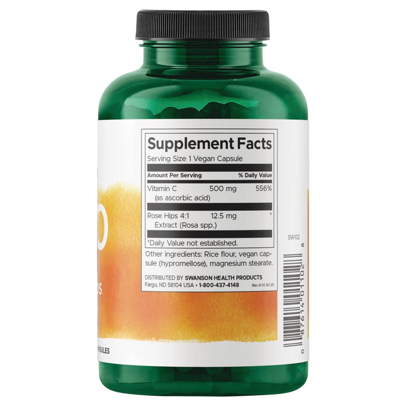 Swanson Vitamin C with Rose Hips, 500mg Each, 250 Capsules | Vitamin C and Rose Hips Formula Promoting Cardiovascular and Immune Support, Full Spectrum Plant-Based Formula