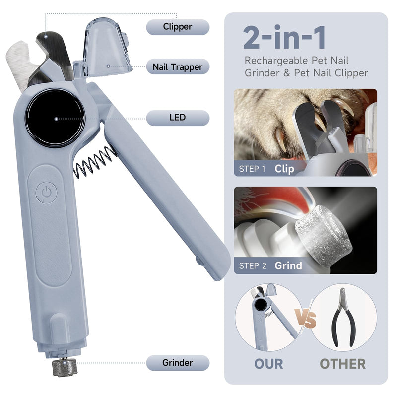 2-in-1 Dog Cat Nail Grinder & Clipper with LED Light, Pet Nail Clippers for Large Medium Puppy Dogs Ultra Quiet, Dog Cat Nail Trimmers with Splash Guard, Electric Dog Cat Claw Care File (Grey) Grey