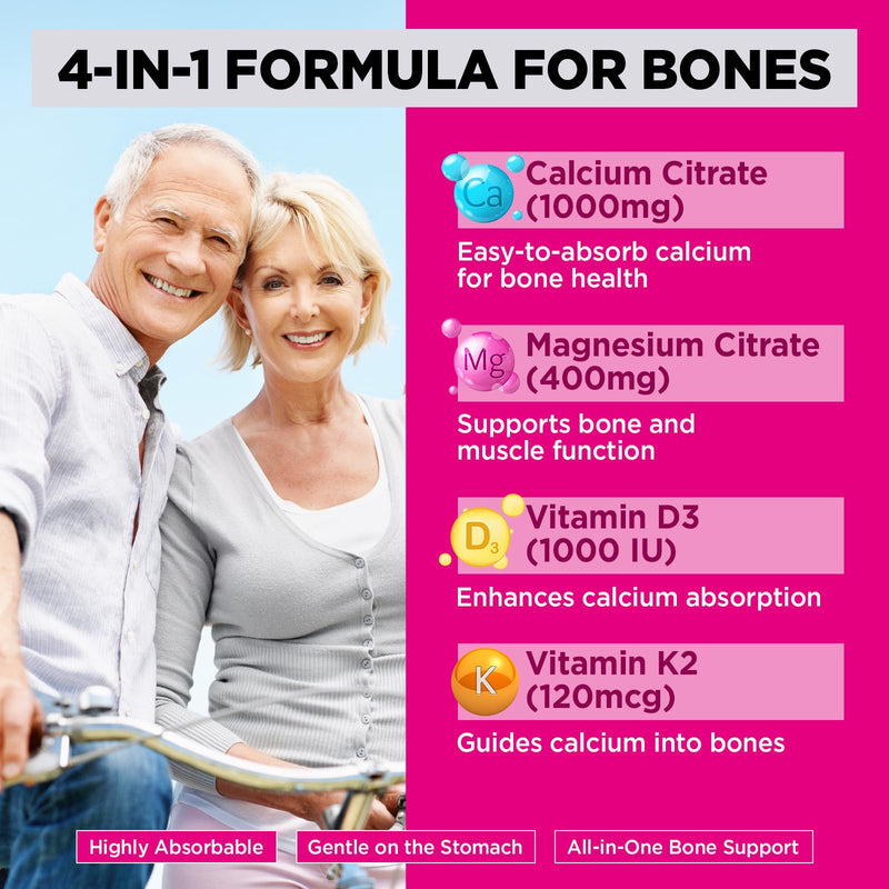 Calcium Citrate 1000mg Filled Gummies, 60 Count | Extra Absorption Calcium Citrate with Vitamin D3, K2 & Magnesium, Chewable Supplement for Bone, Muscle Health