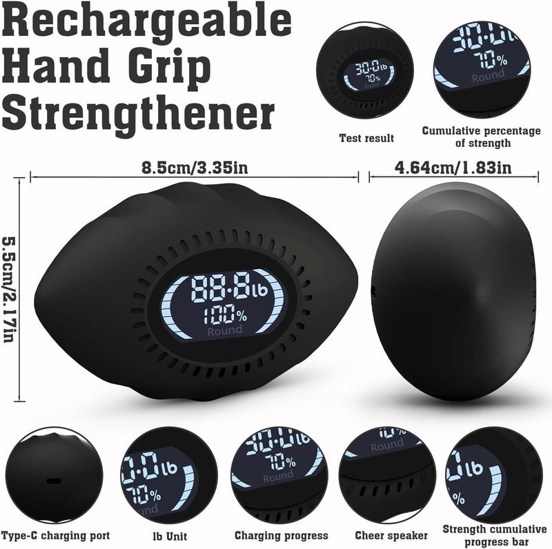 Digital Stress Relief Grip Ball for Adults & Kids, Grip Strength Tester, Hand Strength Gripper up to 220lbs, Forearm Strengthener with Progress Bars & Cheer Sound, Fitness Gift Black