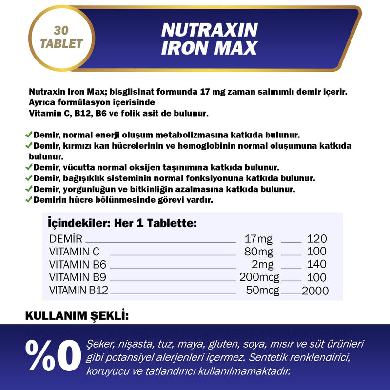 Nutraxin Iron Max 17mg 30 Tablets with Iron Vitamin C B6 B12 and Folic Acid