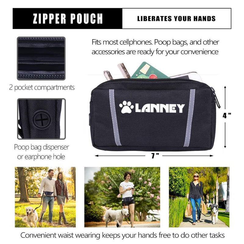 Hands Free Dog Leash, Waist Running Leash with Zipper, Walking Pouch for Medium Large Dogs, Dual Handle and Retractable Bungee for Training Jogging Hiking Black/Black