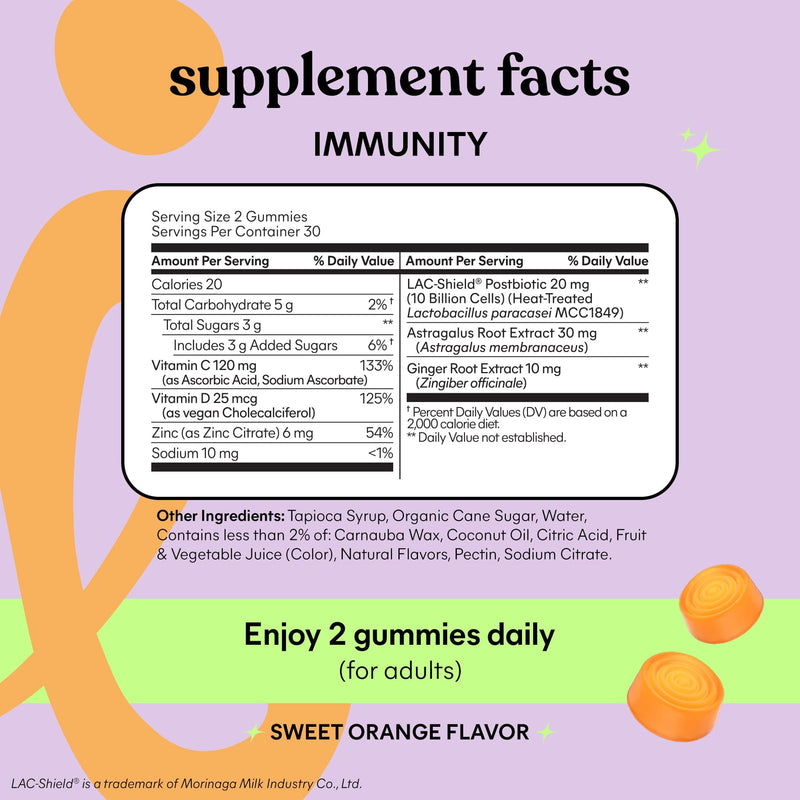 Lemme Immunity Postbiotic Gummies with Vitamin C, 30-Day Supply | Vitamin C, Vitamin D (2000 IU), Zinc, 10 Billion Postbiotic Cells, Astragalus for Immune Support - Vegetarian, Gluten Free