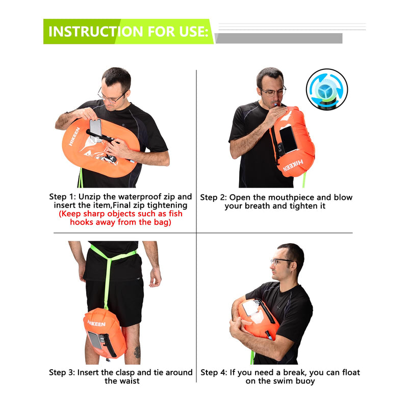 Hikeen Swim Buoy -Waterproof Touchscreen Storage Space, Swim Safety Float w/Adjustable Waist Belt for Open Water Swimmers and Triathletes -Be Bright,Be Safer & Be Seen Green