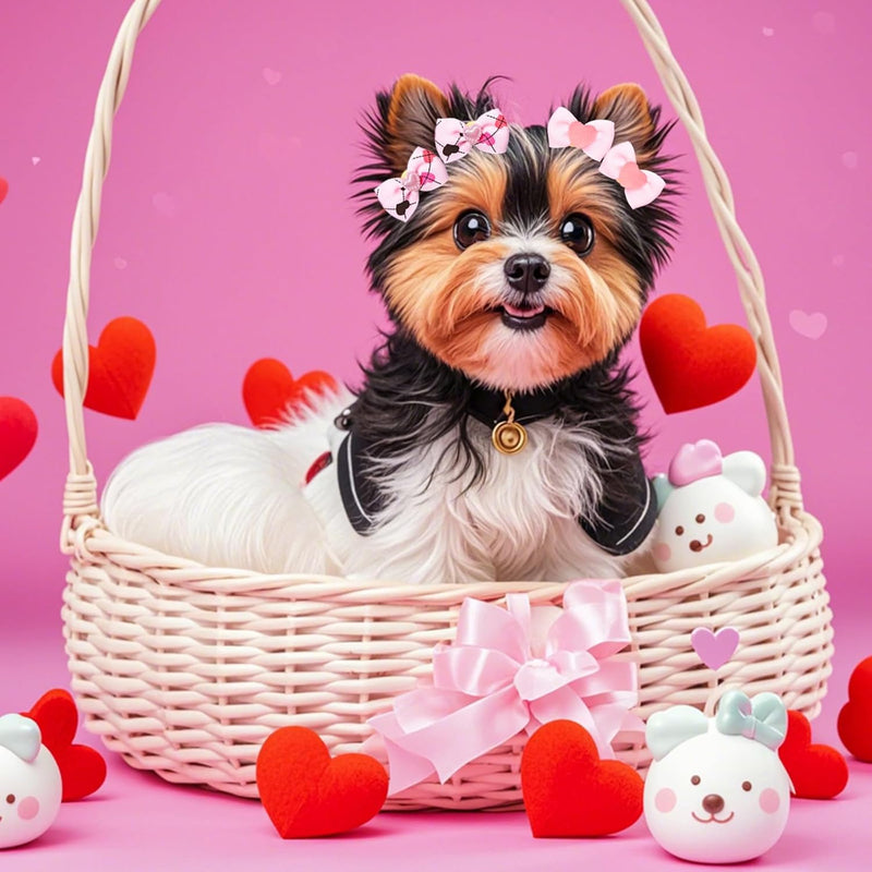 20 Pcs Valentine's Day Small Size Dog Hair Bows with Rubber Bands Puppy Hair Bows Grooming Accessories with Pearls Rhinestone Multicolor Small Pet Handmade Bowknot Pink Red Mixed Puppy Hair Bows - BeesActive Australia