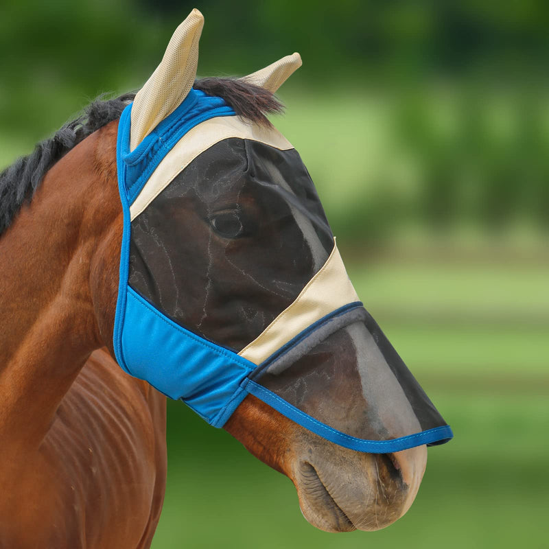 Harrison Howard Horse Fly Mask Long Nose with Ears Champagne Gold/Teal L Full Size Full (Large) - BeesActive Australia