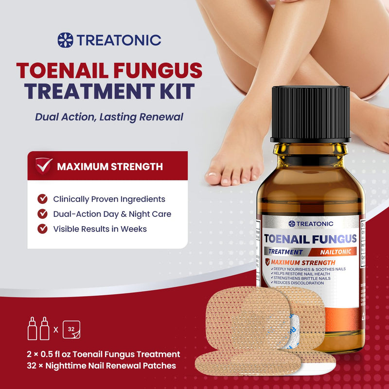 Treatonic Toenail Fungus Treatment Kit: Extra Strength Antifungal Nail Repair Solution with 25% Undecylenic Acid (30 mL) & 32 Nighttime Renewal Patches - Repairs Damaged & Restores Discolored Nails 2 Bottles + 32 Patches