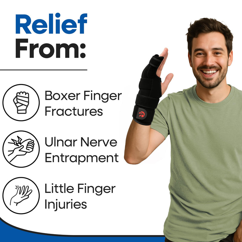 Pinky Finger Splint Boxer Fracture Brace | Ulnar Gutter Splint Hand Brace | Ring & Little Finger Splints | Broken Metacarpal Support Cast | Dupuytren's Contracture | Boxers Pinky Braces (MED RIGHT) Right Hand Black Medium
