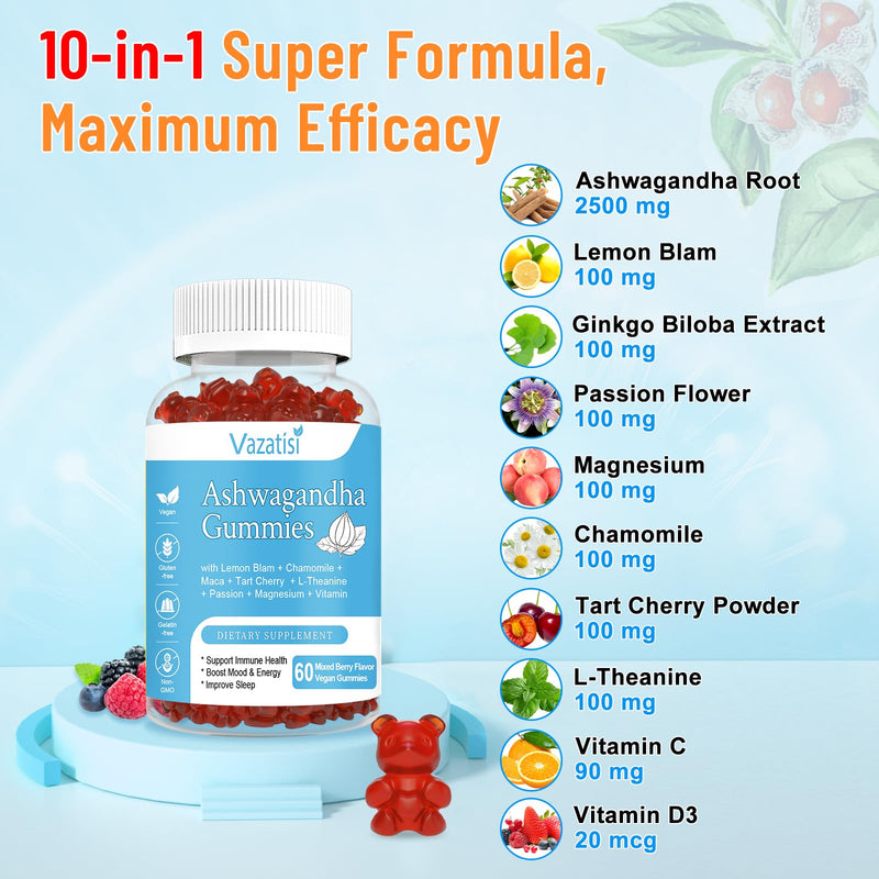 Sugar Free Ashwagandha Gummies for Women Men, Organic Ashwa Root Extract Supplement for Relax Restore Balance, Vegan Gluten Free, 60 Count 60 Count (Pack of 1)
