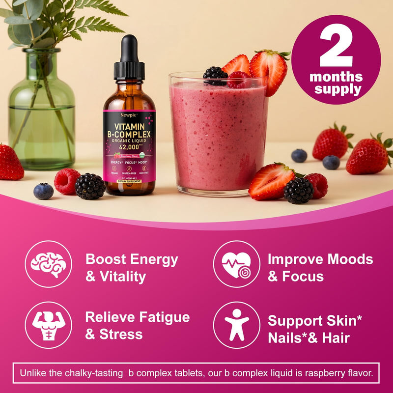 Vitamin B Complex Liquid Drops - B12 Methylcobalamin, B6, B1, Niacin & Folate, Biotin, Vitamin C, Choline, Inositol, CoQ10 & Taurine - Methylated Sublingual for Energy & Focus - Vegan, Organic 60 Fl Oz (Pack of 2)