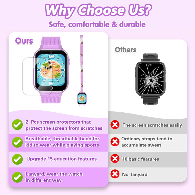 Smart Watch for Kids Girl Gift Ages 3-12, 2 Screen Protector, 26 Puzzle Games, HD Camera Video Music Player Touchscreen Pedometer, Educationtal Toy Brithday Gifts for Girl Ages 4 5 6 7 8 9 10(Purple) Purple - BeesActive Australia