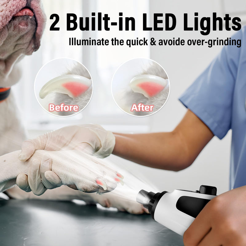Casfuy Smart 6-Speed Dog Nail Grinder - 50% More Power Pet Nail Grinder with 2 LED Lights Quiet Rechargeable Electric Dog Nail Trimmers File Toenail Grinder for Large Medium Small Dogs & Cats (White) White - BeesActive Australia
