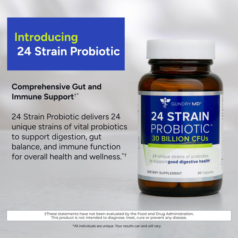Gundry MD® 24 Strain Probiotic, 30 Billion CFU, 30 Capsules | Gut Health Support & Digestive Balance, Reduced Gas & Bloating, Lactobacillus and Bifidobacterium, 1 Daily Capsule