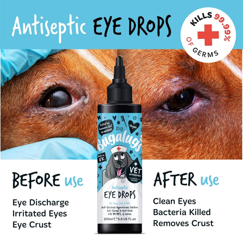 BUGALUGS Dog Eye Drops 200ml, Antiseptic eye drops for dogs, puppy, cats & animals. Antibacterial for dry, itchy, irritated, gunky & tear stain eyes. Eye Wash Cleaner Cat 200ml