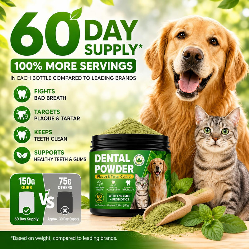 Dog Dental Powder for Dogs, Dog Teeth Cleaning Powder, Dental Powder for Dogs Teeth, Plaque & Tartar Remover, Dog Breath Freshener, Natural Oral Care, 60-Day Supply