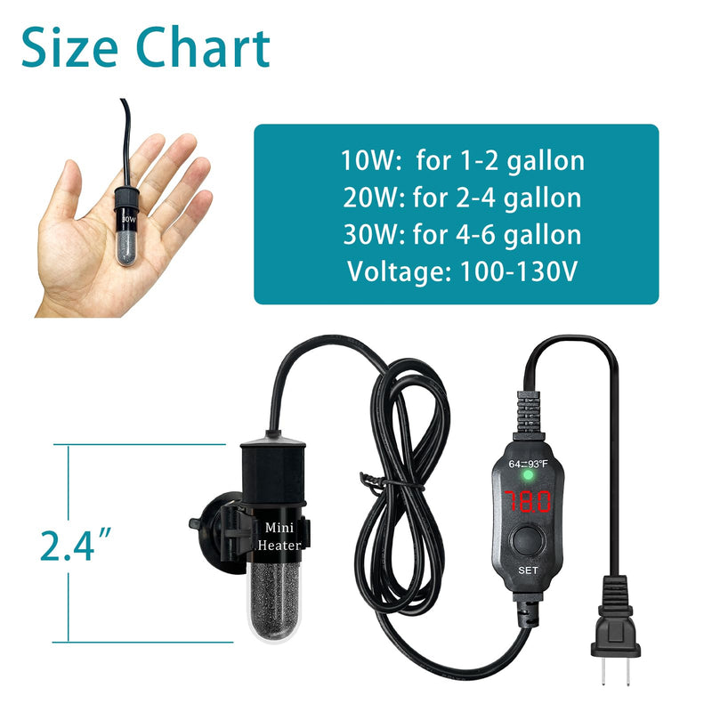 Mini Submersible Aquarium Heater, 10/20/25/50/100/150 Watts Adjustable Fish Tank Heater, Built-in Thermometer, External Temperature Controller, Smart Memory, Used for 1-60 Gallons (10W Plug) 10W PLUG - BeesActive Australia