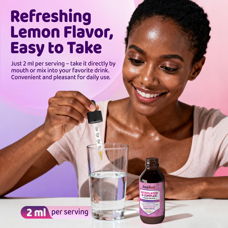 duwhot Women Methylated B-Complex Liquid Drops, 2 Fl Oz | Active B Vitamins B1 B2 B6 B9 (5-MTHF) & B12 1000 mcg, Vitamin C, Magnesium, Inositol, Choline & Herbal Blend