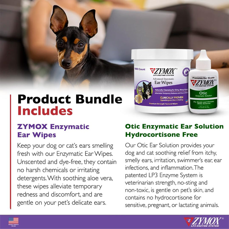ZYMOX Enzymatic Ear Wipes and Otic Ear Solution Hydrocortisone Free for Dogs and Cats - Product Bundle - For Dirty, Waxy, Smelly Ears and to Soothe Ear Infections, 100 Count Wipes and 1.25oz bottle - PawsPlanet Australia