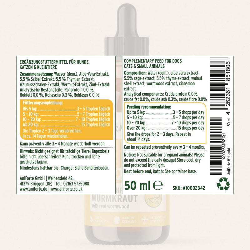 AniForte Worm Herb W-Liquid Drops Liquid - natural alternative for dogs, cats, pets, supports & harmonizes the stomach after worm infestation, Made in Germany, 50ml - BeesActive Australia