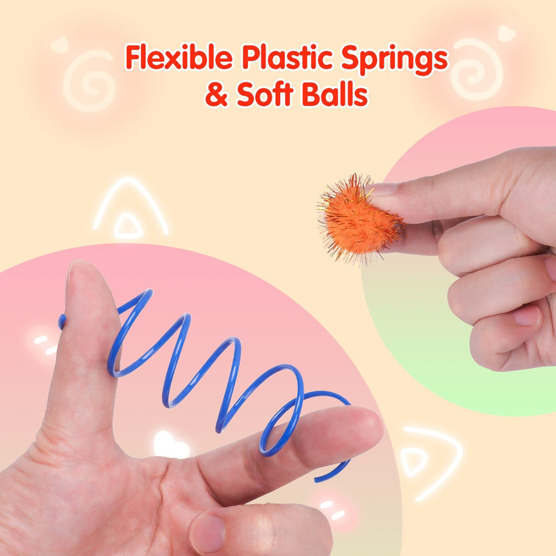 SEVENKA Cat Toys 30 Pcs Color Flash Balls and 36 Spring Toys, 1.1in Small Soft Cat Toy Ball Tinsel Pom Poms, Kitten Toys, Plastic Spiral Springs for Cat Swatting, Biting, Hunting, Active Healthy Play 30 Flash Balls & 36 Springs - BeesActive Australia