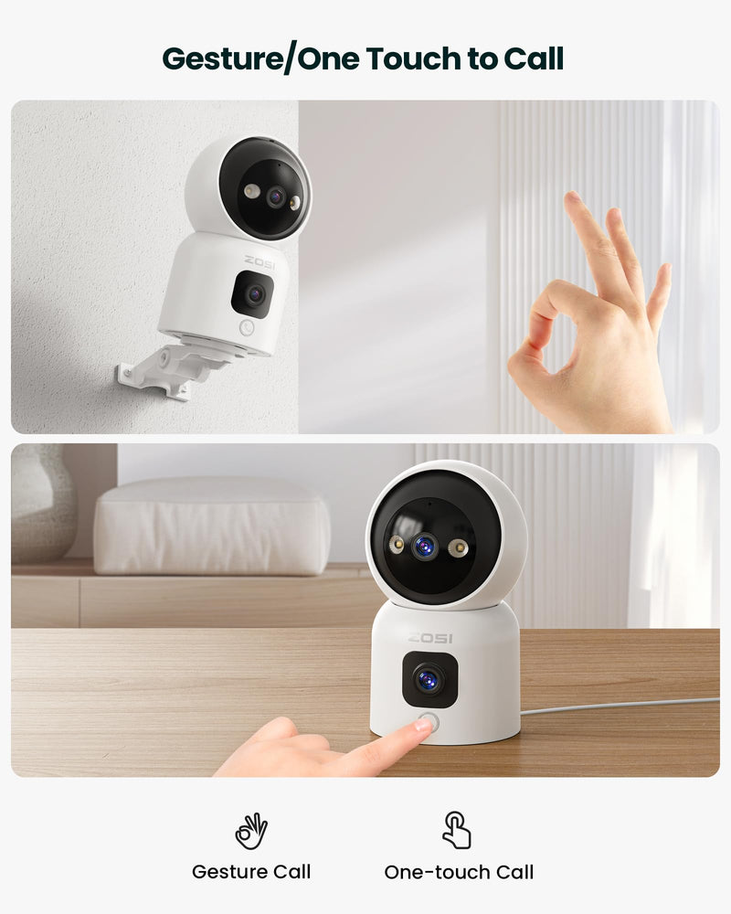 ZOSI indoor surveillance camera with dual lens 3MP+3MP, 2.4/5G WiFi, button/OK gesture call, AI person detection and tracking, color night vision, C528D white 3MP+3MP dual camera - BeesActive Australia